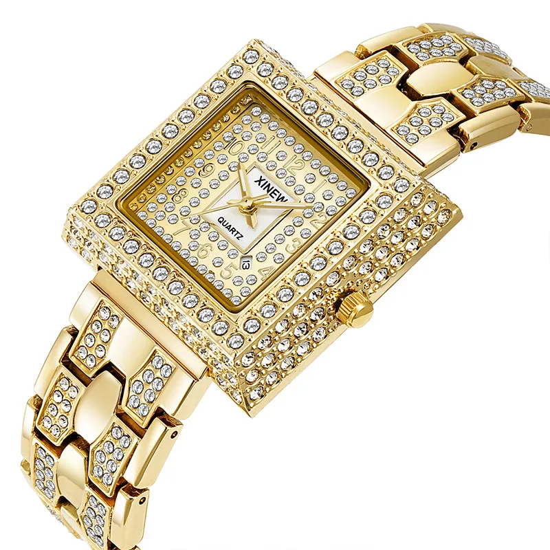 XINEW Brand Watches For Women Fashion Alloy Band Hip Hop Diamond Golden Luxury Calendar Quartz Clock Montres de Marque de Luxe