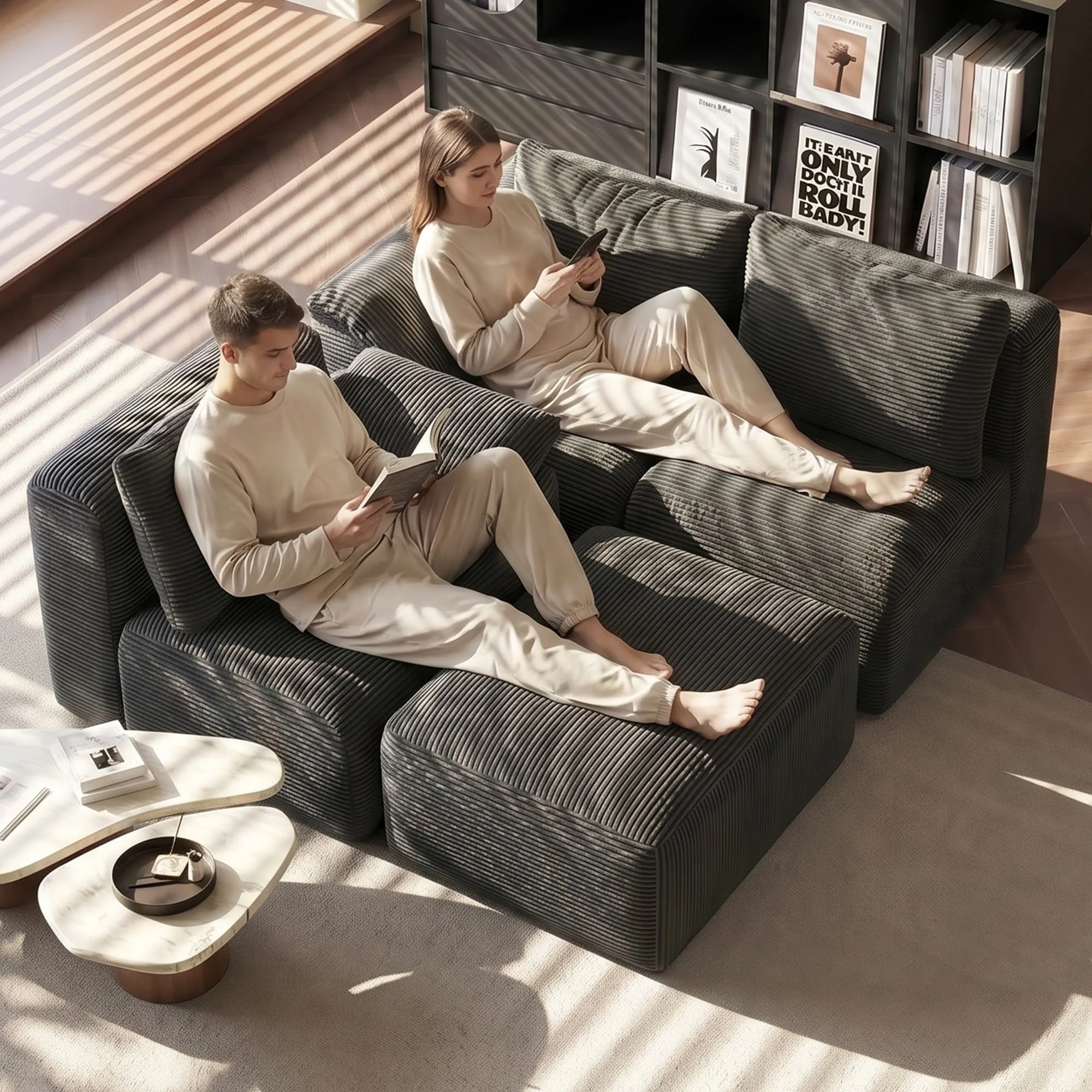 Modulares Sofa, L-förmiges Ecksofa mit Hocker, hochdichter Schaumstoff, geräumige Sitzfläche, Wohnzimmersofa, Cordstoff, modernes Wohnmöbel für Wohnzimmer, Apartment, Lounge.