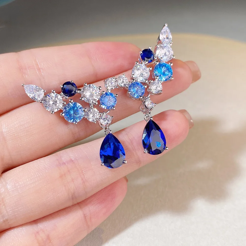 

S925 Sterling Silver Earrings, Sea Blue Luxury Banquet Full of Diamonds, Sweet Stud Earrings for Women