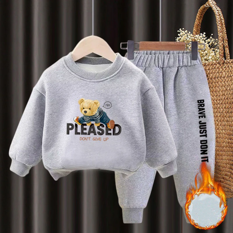 2pcs Boys Girls Children’s Fleece Clothes Outwear Sets Autumn Winter Kids Hooded Sweatshirt Tracksuit Sportwear Suit For 2-10Y