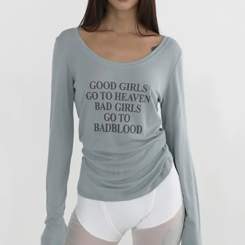 

Женская футболка с длинным рукавом с принтом букв, весенне-осенний свободный топ с открытыми плечами ярких цветов, топ на одно плечо для ежедневных поездок на работу