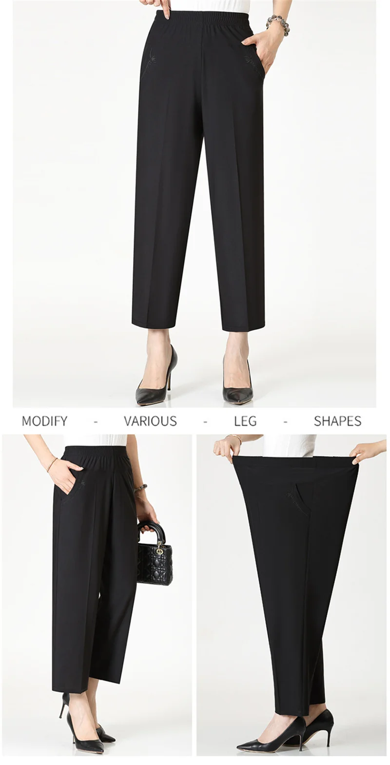 Extra Large Mom Summer Straight Pants Middle-Aged Women Elastic High Waist Grandma Ice Silk Cropped Pants Female Casual Pants