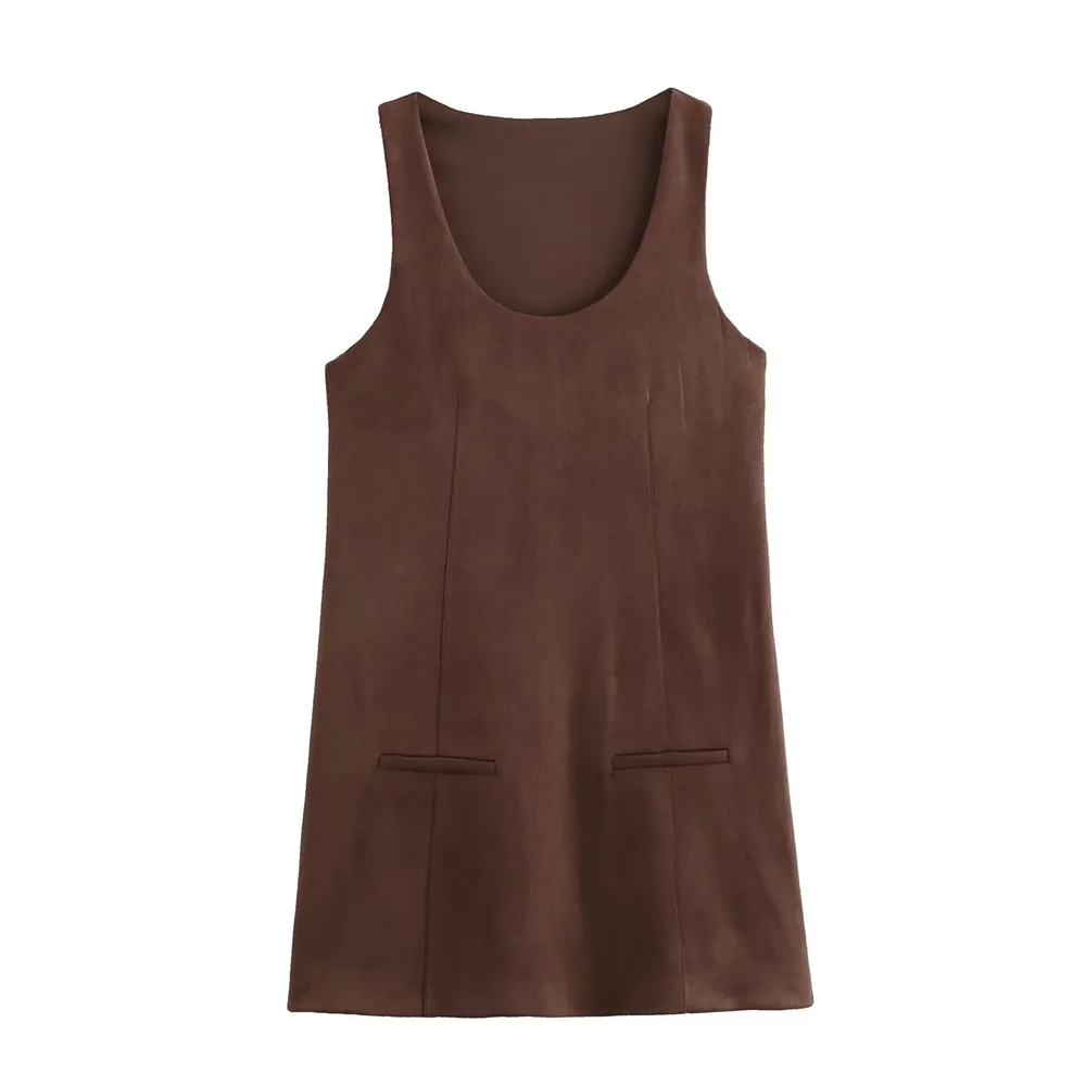 PB&ZA dames suède texture effect mouwloze ronde hals tanktop korte rok jurk rits decoratie jurk