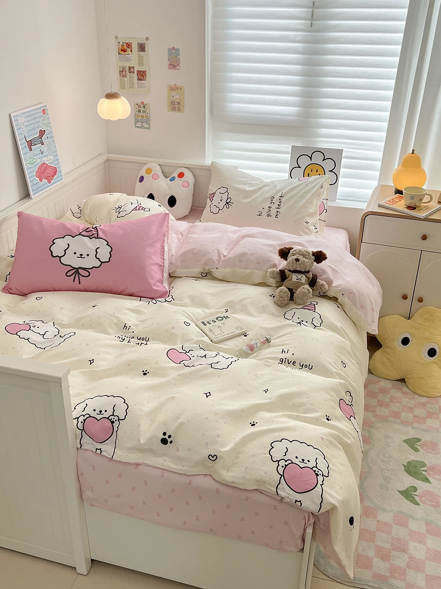 

Комплект постельного белья Fuji Store: хлопковый, в мультяшном стиле, для студентов, пододеяльник, комплект из трех предметов, весна-лето, из чистого хлопка, комплект из четырех предметов