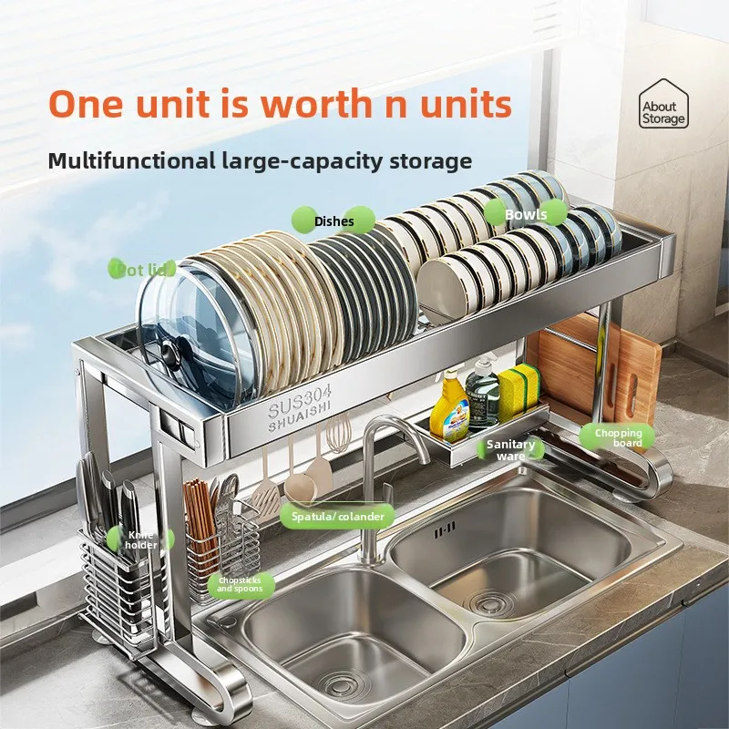 Stainless Steel Over Sink Dish Drying Rack Expandable Cm One Or Two Tier Kitchen Organizer Hooks Bowl Plate Storage Optional