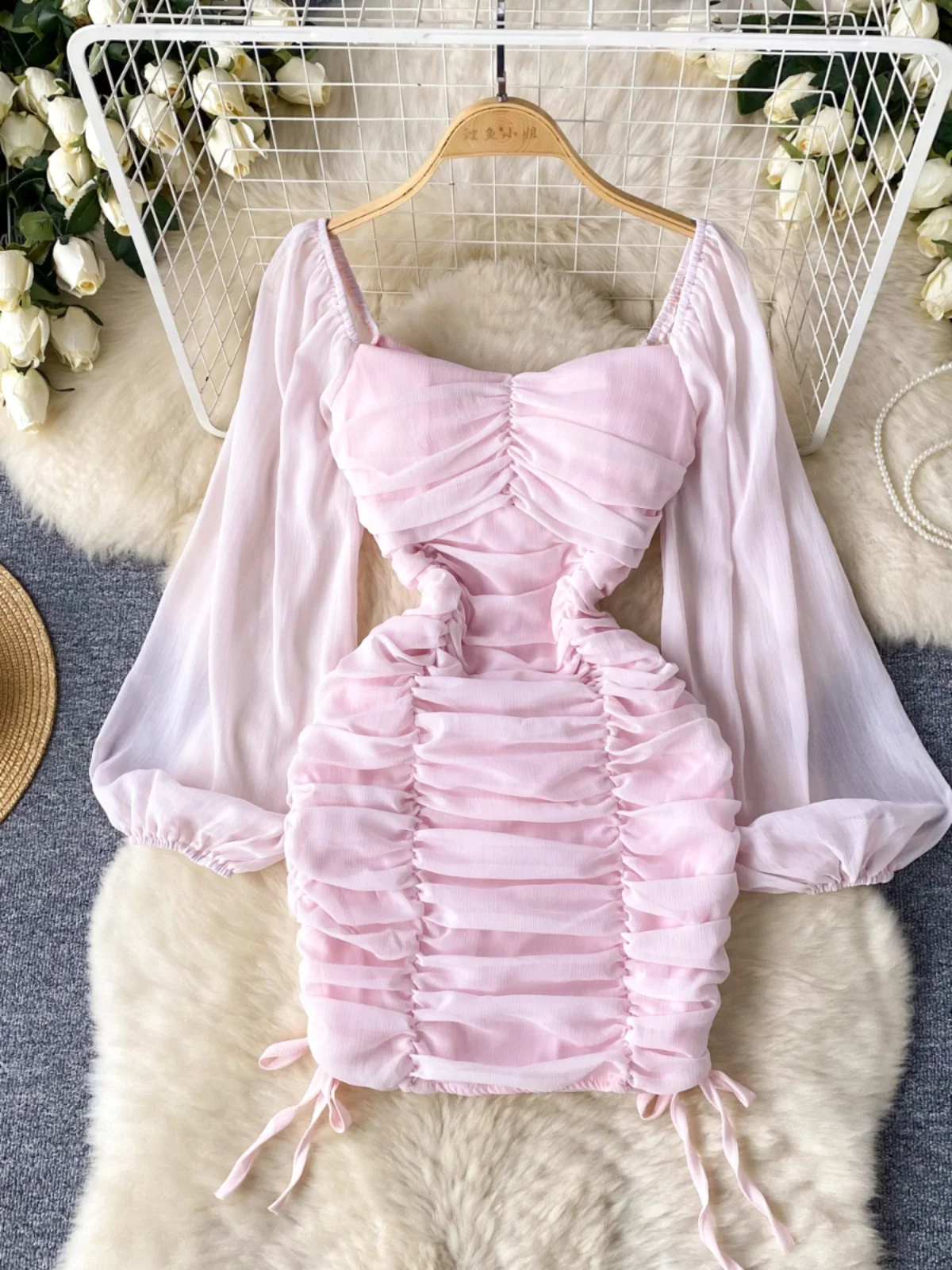 

French Style Women Pleated Drawstring Dress Spring Summer Square Collar Puff Long Sleeve Vestidos Sexy Solid Female Short Dress