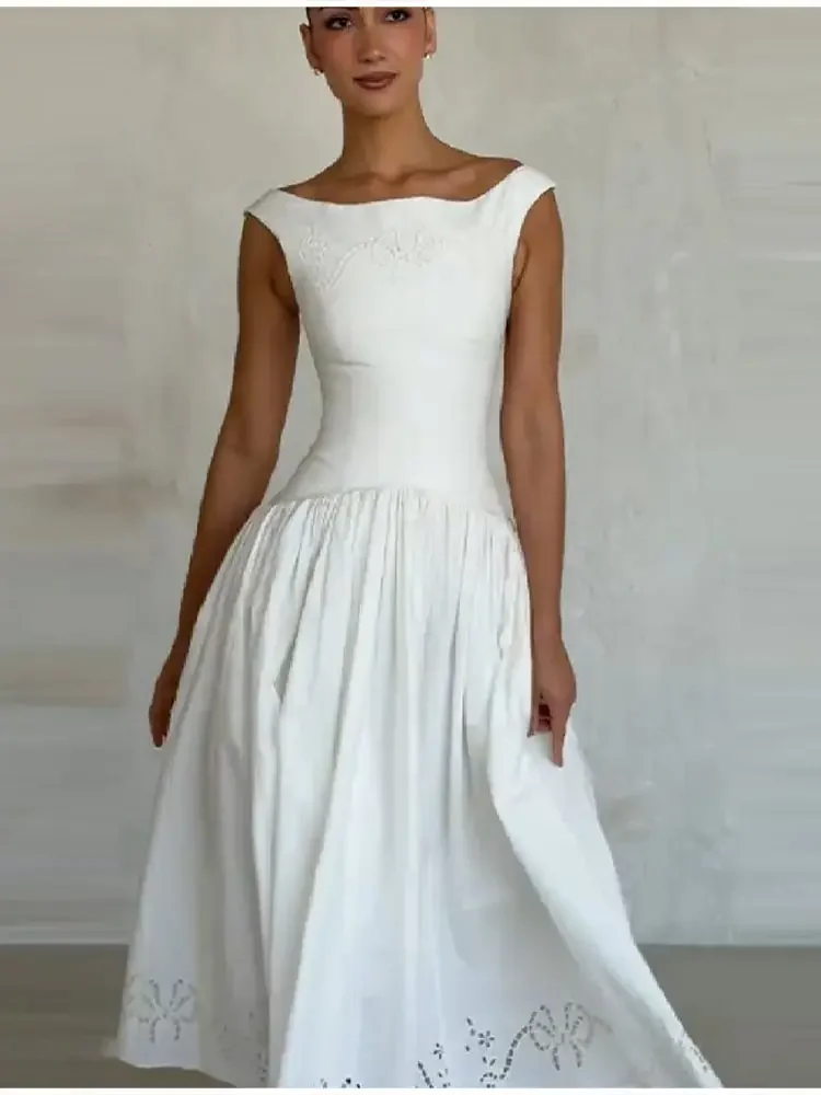 Elegantes weißes schulterfreies Midikleid mit modischer Stickerei, tailliert, A-Linie, Vestidos, schickes Sommer-Abendoutfit für Damen – Detail 6