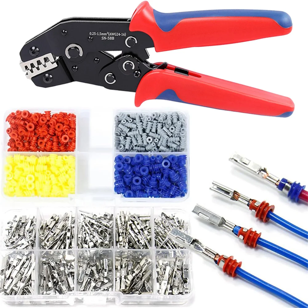 690 قطعة مجموعة موصلات دبوس السيارات ، مجموعة دبابيس طرفية كهربائية مع أداة تجعيد موصل سلك الذكور والإناث دبابيس طرفية vw