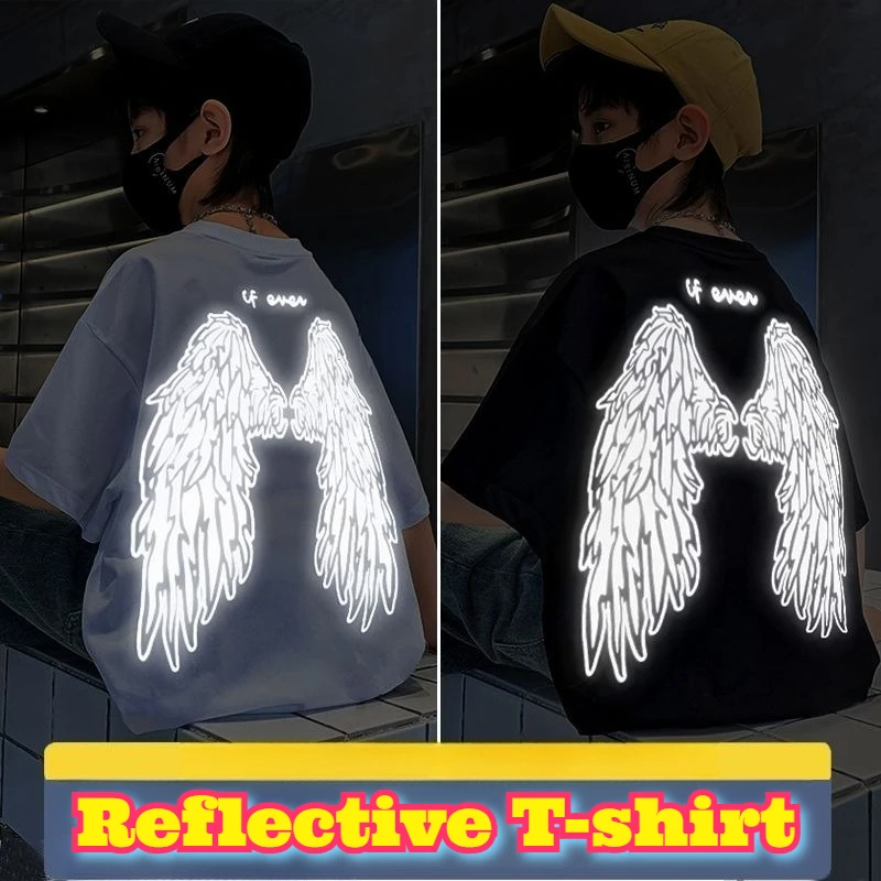 الشباب أجنحة عاكسة تي شيرت القطن قصير الأكمام المحملة فضفاضة تناسب الصيف أعلى المراهقين بنين بنات ملابس الشارع الشهير ملابس عصرية