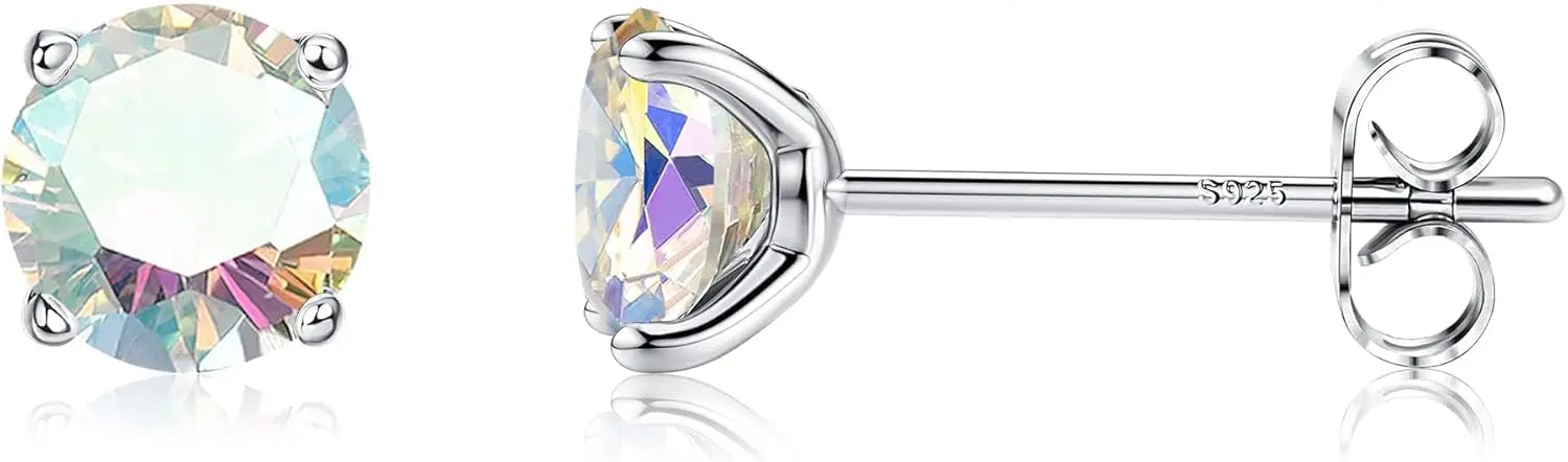 925 Sterling Silver CZ Stud Earrings For Women Men, Long Post Cubic Zirconia Aurora Rainbow Stud