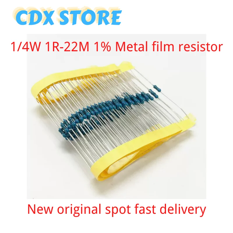 100pcs/lot 1/4W 1R~22M 1% Metal film resistor 100R 220R 1K 1.5K 2.2K 4.7K 10K 22K 47K 100K 100 220 1K5 2K2 4K7 ohm resistance