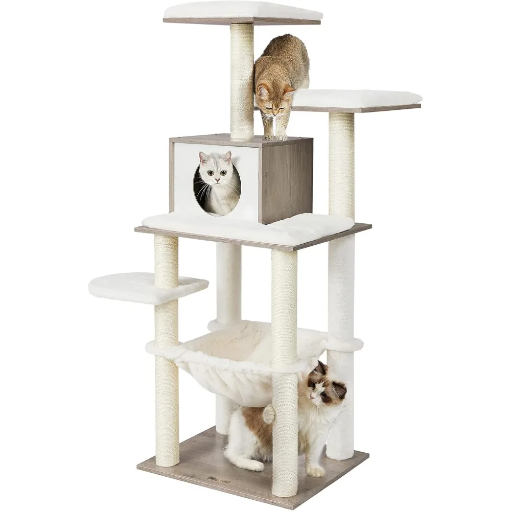 

Cat Tree, 54.3-Inch Modern Cat Tower for Indoor Cats, Multi-Level Cat Condo Ultra-Soft Plush Scratching Posts Hammock Removable