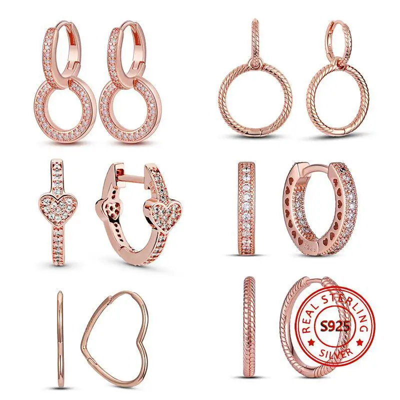 

Sterling Silver 925 Rose Gold Round Circle Hoop Earrings Clear Zircon