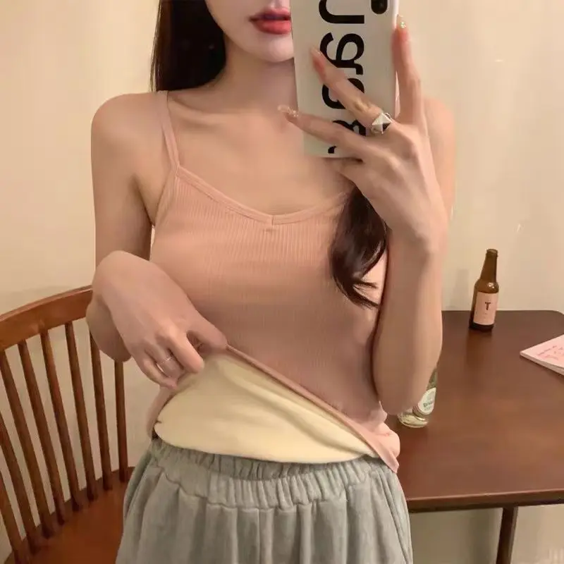 Women Winter Warm Underwear Solid Color Thermal Casual Nightwear Sexy Elasticity Female Thin Velvet T-shirt Sleeveless Tops