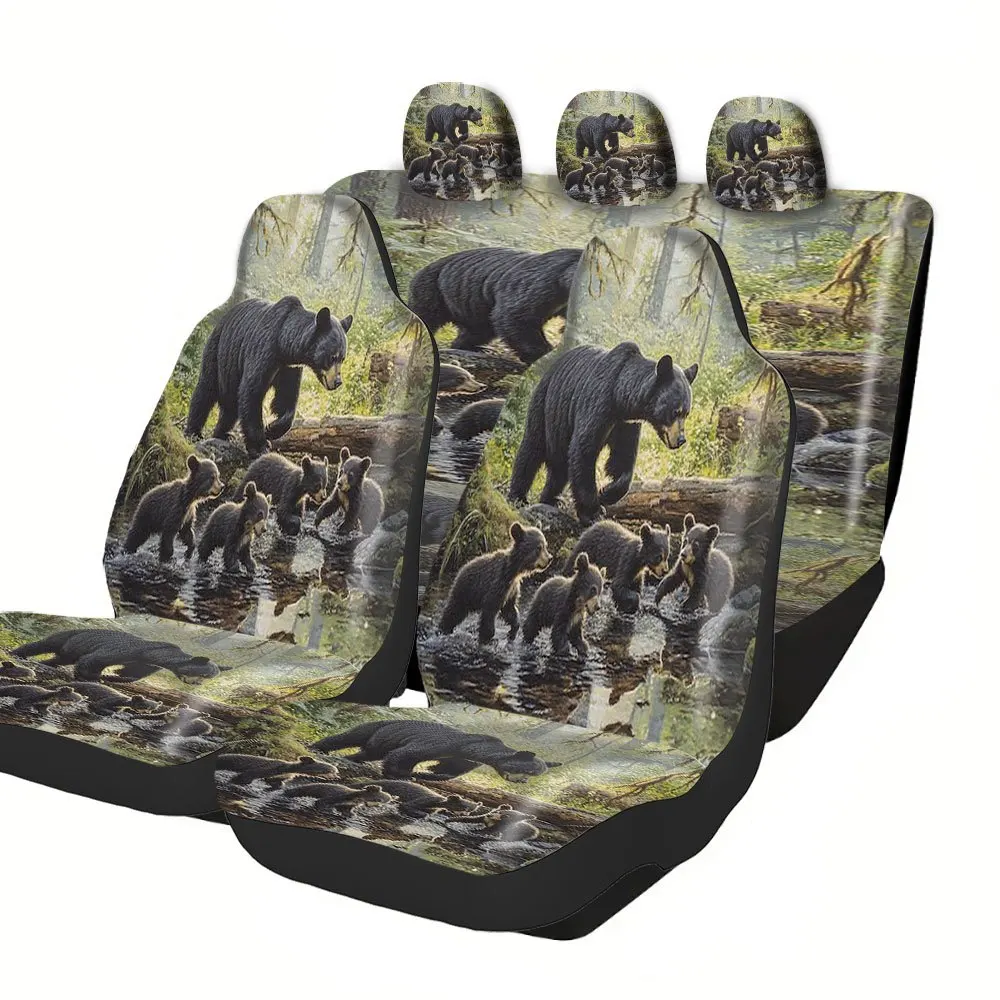 Trendy Print Car Seat Covers Full Set Fit Festival Premium Bear Family Forest Scene Stream Crossing Comfortable Breathable Int