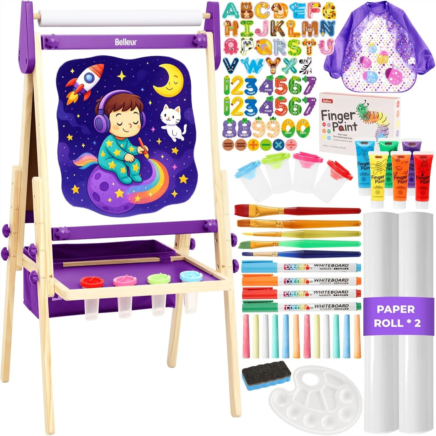 

All-in-One Art Easel for Kids, Adjustable Double Sided with Magnetic Whiteboard & Chalk Board & Paper Roll, Toddler Painting