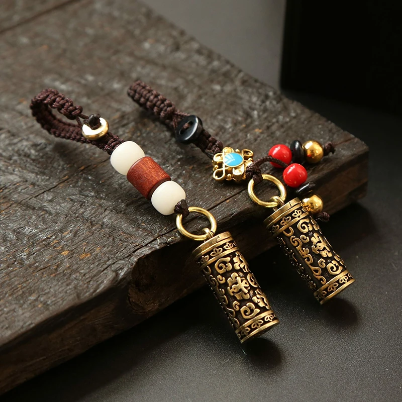 Buddhism Sutra Bottle Car Key Chain Pendants Gawu Box Hollow Column Jewelry Lucky Hangings Brass Vintage Lanyard Keychains