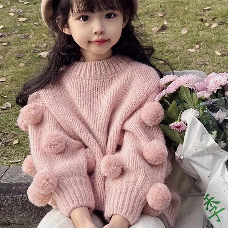 

Girls' Pullover Sweater 2023 Spring and Autumn New Children's Fashionable Girl Baby Pink Lantern Sleeve Wool Ball Sweater Top