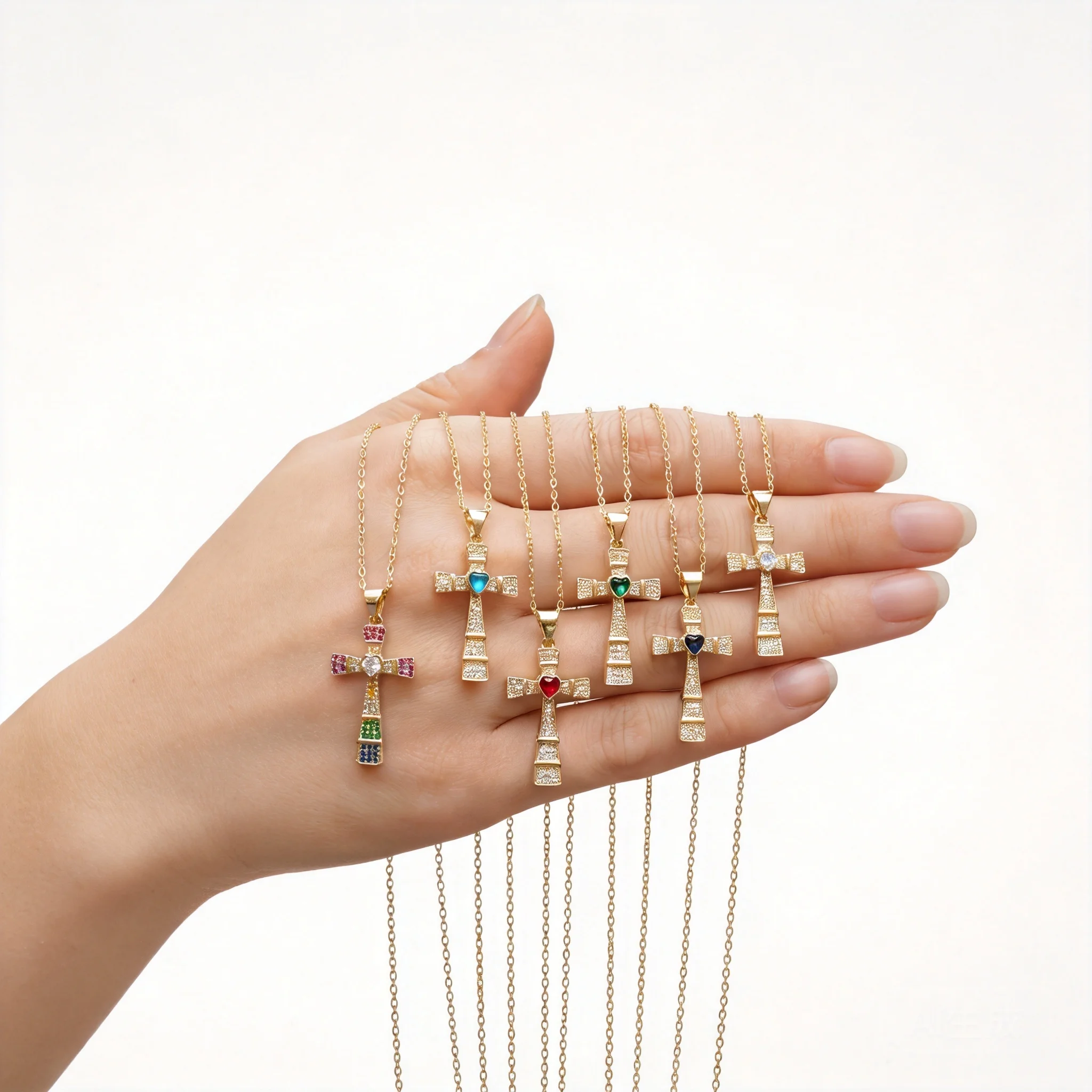 Fashion Cubic Zirconia Cross Pendant Necklace For Women Gold Plated Clavicle Chain Colorful Heart Gem Choker Trendy Lucky Jewelr