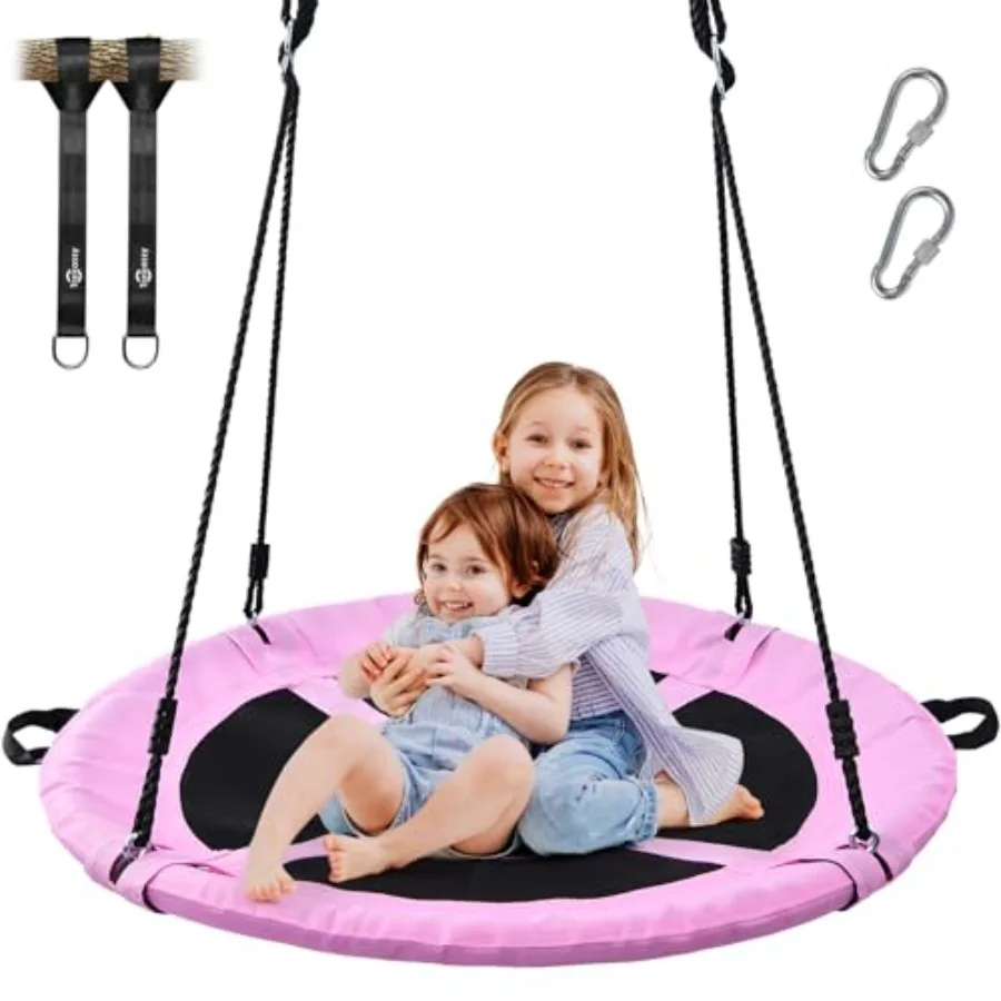 

700lb 40" Saucer Tree Swing for Adults Outdoor Textilene with 2pcs Tree Hanging Straps-Pink