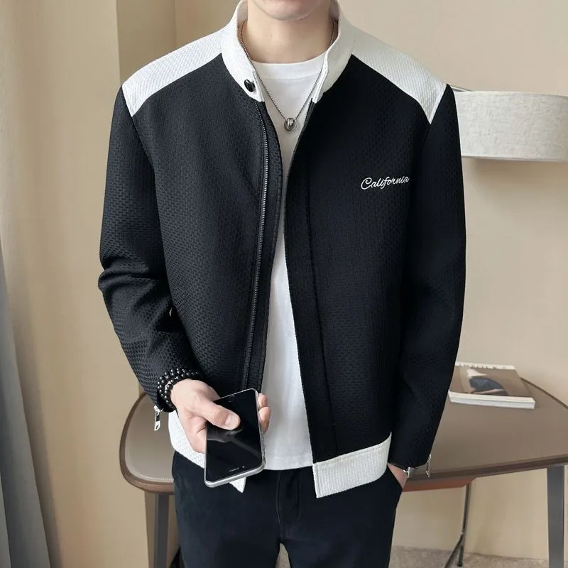 

2024 Spring Autumn Small Stand Collar Coat Black and White Contrasting Jacket Men's Korean Version Stitching Casual Overcoat