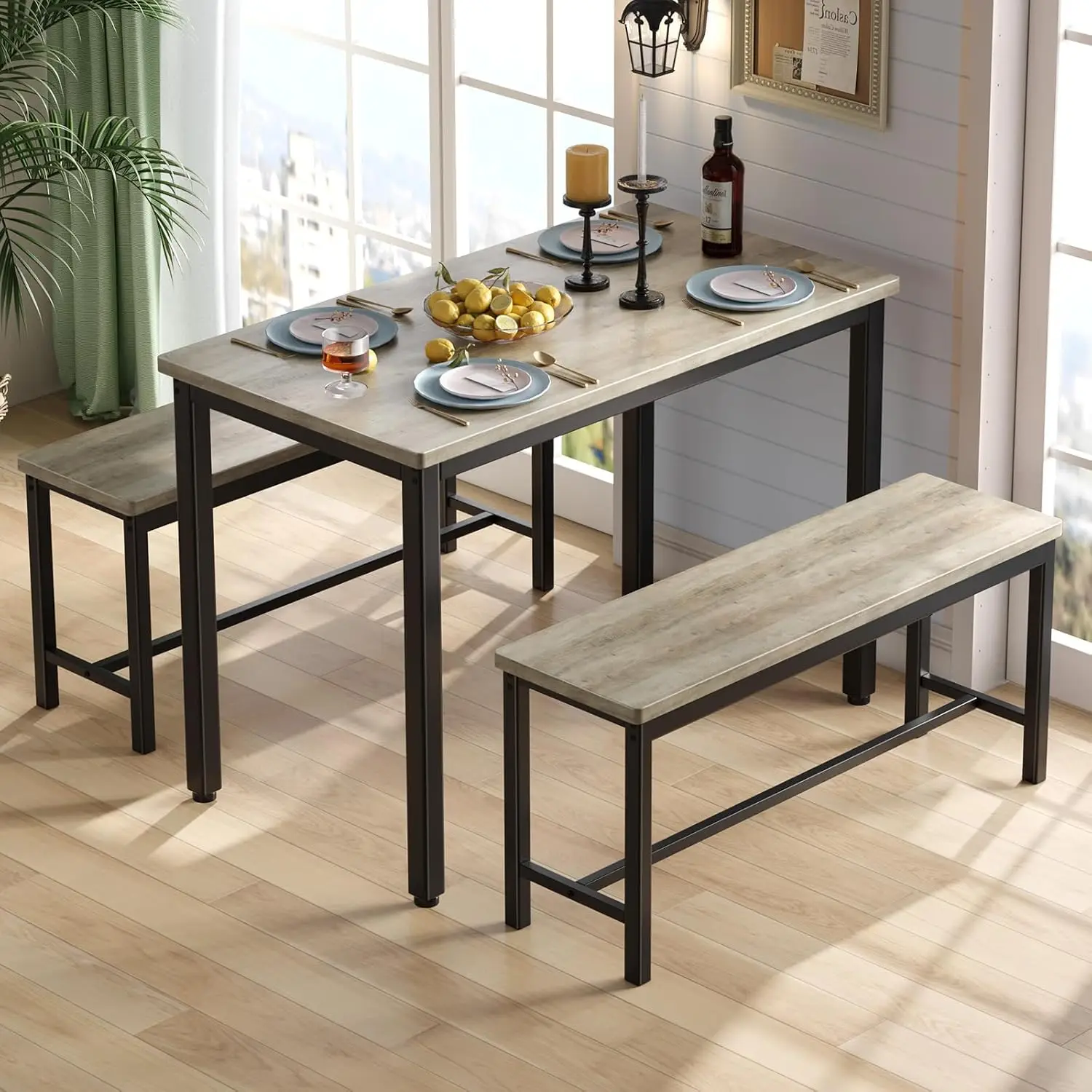 

Dining Table Set for 4, 3-Piece Kitchen Table with 2 Benches, Space-Saving Dining Room Set for Breakfast Nook, Grey·Hot Sale