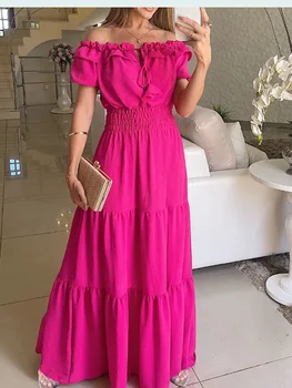 Image 2024 Summer Solid Boho Dress Women Fashion Elegant Beach Party Dress Casual Slash Neck Office Maxi Dresses For Woman Robe Femme