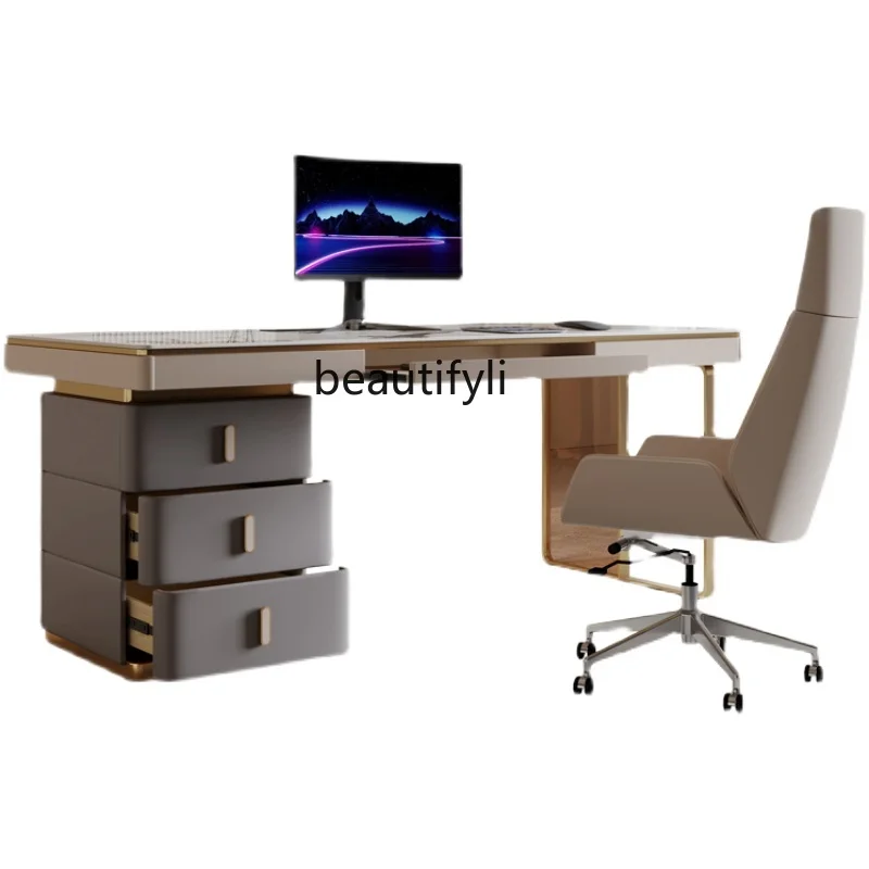 

Light Luxury Stone Plate Desk Table Modern Minimalist Desktop Computer Table and Chair Combination Home Study Desk