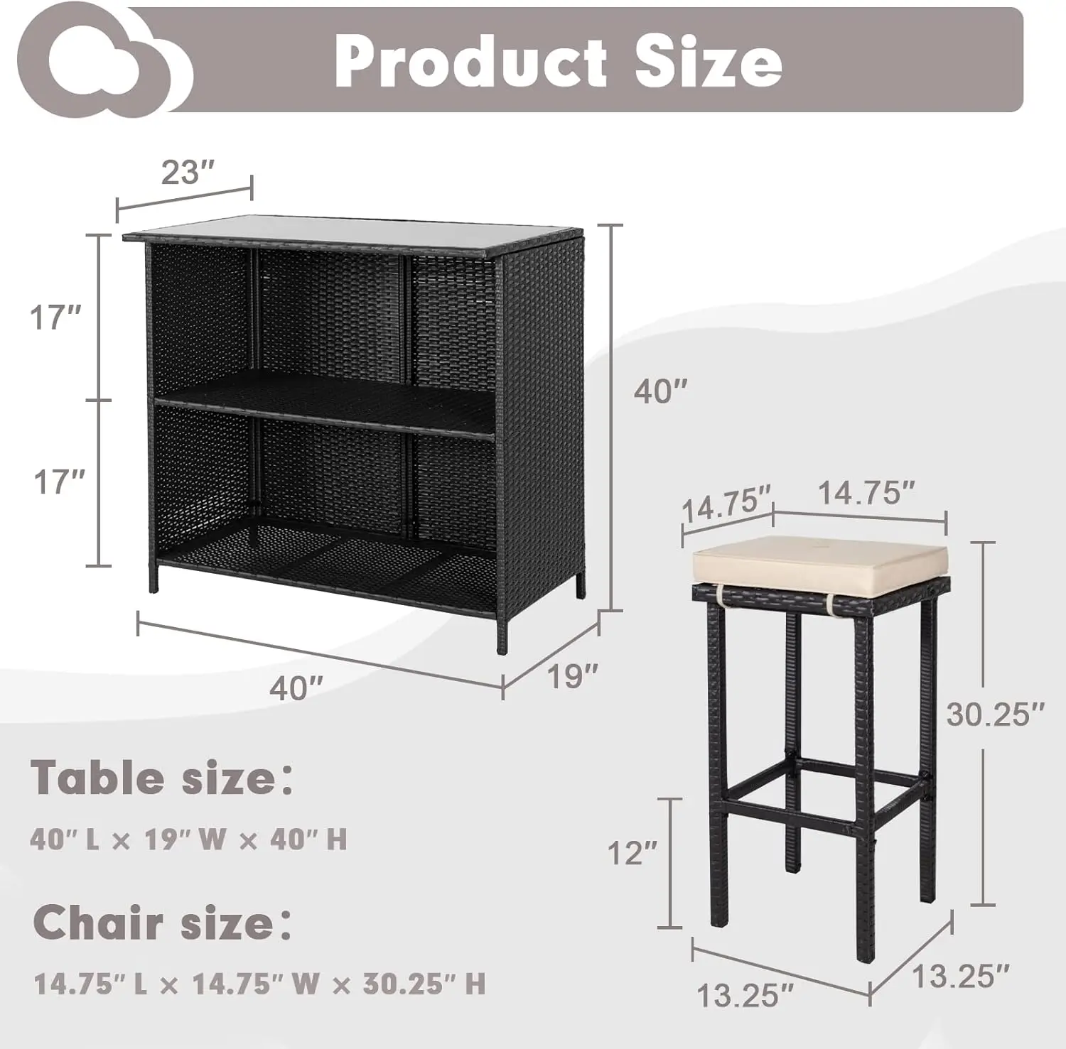 3-Piece Wicker Patio Outdoor Bar Set, 2 Stools and 1 Glass Top Table, Bistro Set, Brown Furniture for Deck, Lawn, Backyard