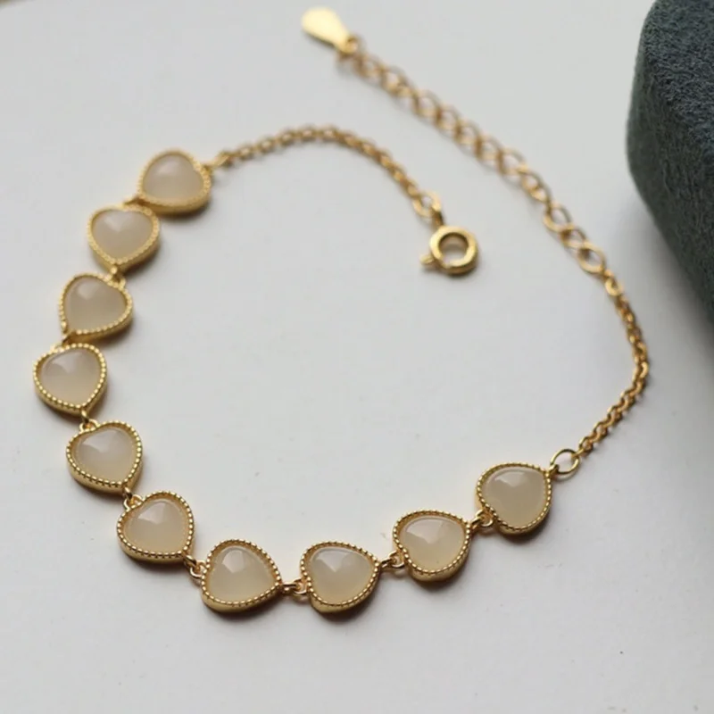 S925 Sterling Silver Inlaid Hetian Sheep Fat White Jade Heart Bracelet Fashion Versatile Jewelry