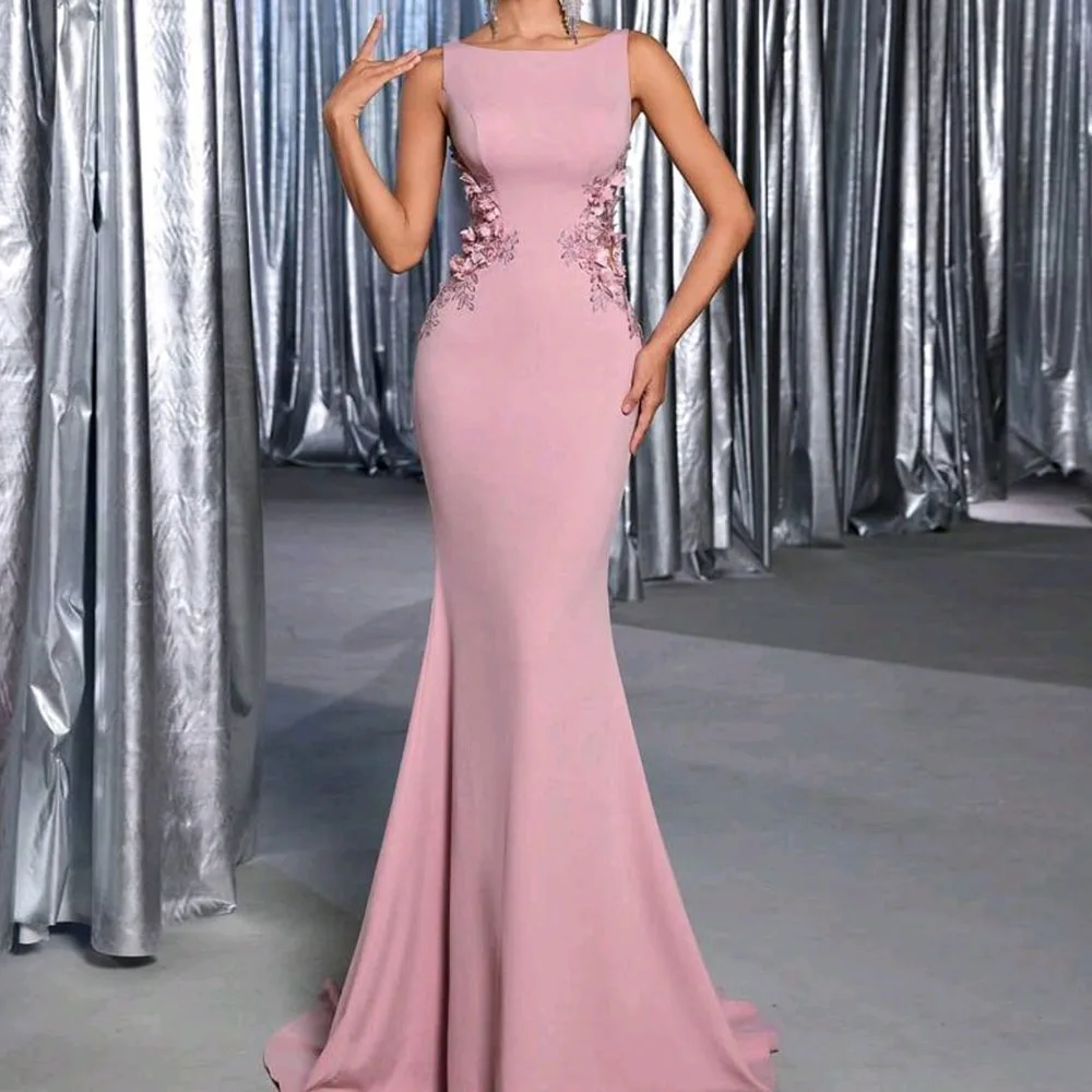

Customized Mermaid Evening Dresses Floor-length Scoop-neck Sleeveless Prom Gown Fashion Flowers Simple Draped Casual Party Gown