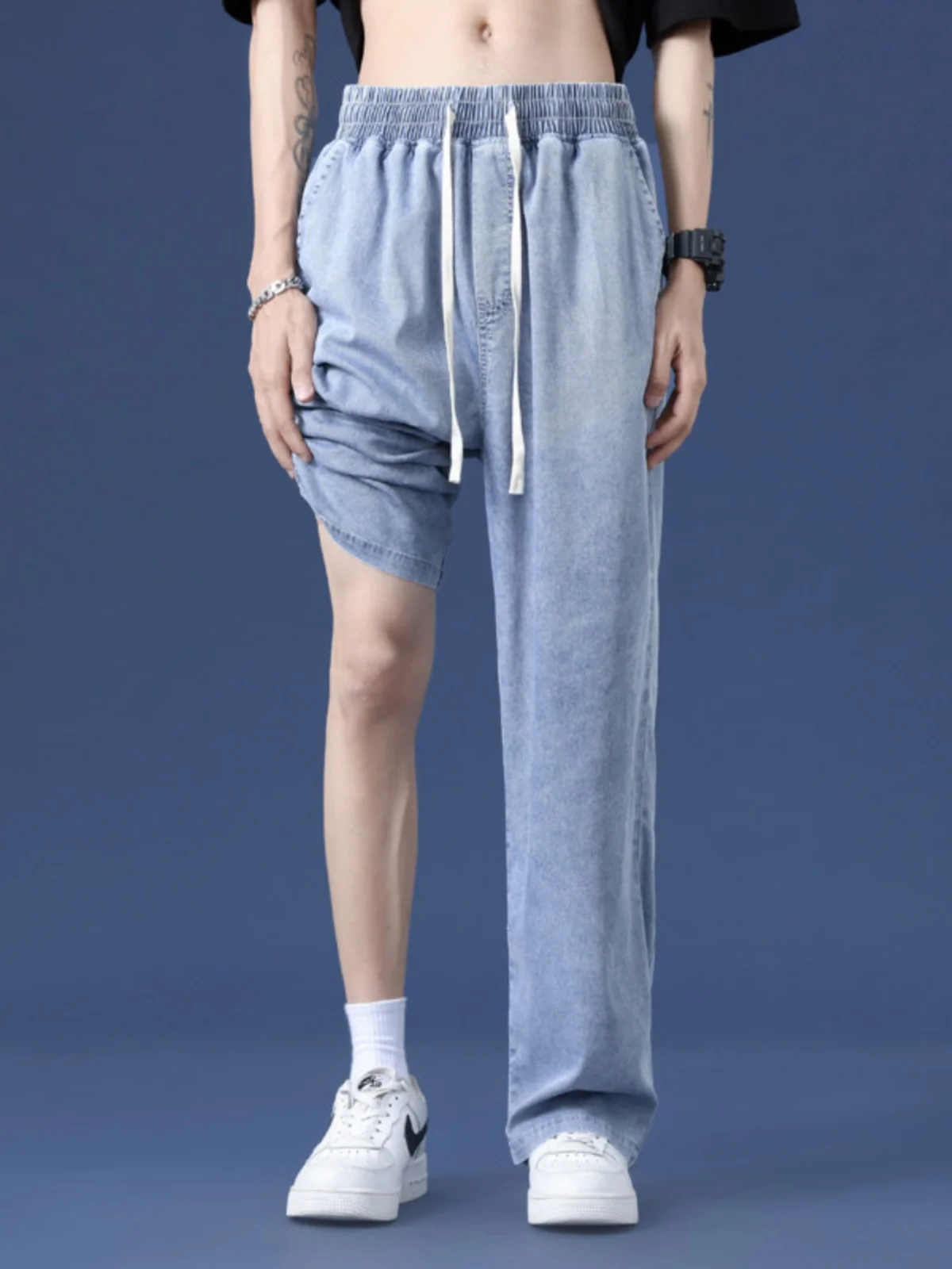 

Мужские летние джинсы свободного кроя с завязками, тонкие, прямые, длинные брюки, американский уличный стиль, модный бренд, стильные.