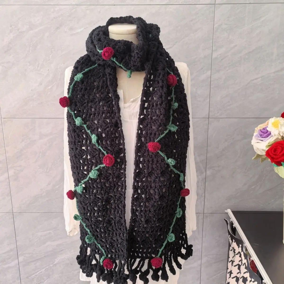Vintage Rose Hand Woven Scarf Thicken Spicy Girl Shawl Solid Color Warm Winter Scarves Women Top Fashion Sweet Cute Bandelet