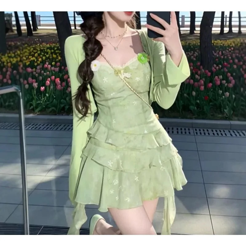 Women Summer Dopamine Green 2 Piece Set Sweet Pure Tiered Mini Dress with Long Sleeve Cover Up Beach Vacation Matching Outfit