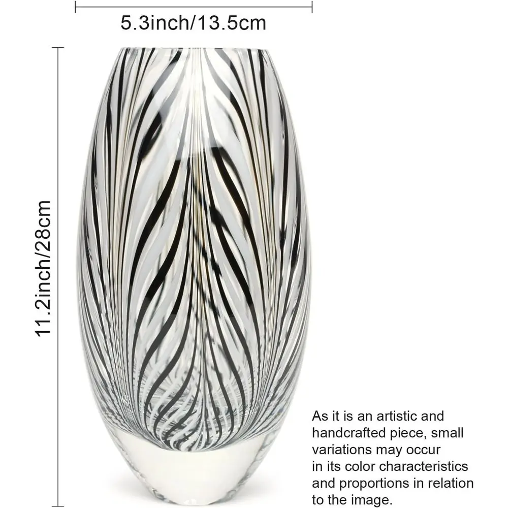 Murano-Inspired Handcrafted Glass Vase with Black & White Feather Design for Flowers, Decor, and Table Centerpieces - Model 54 M