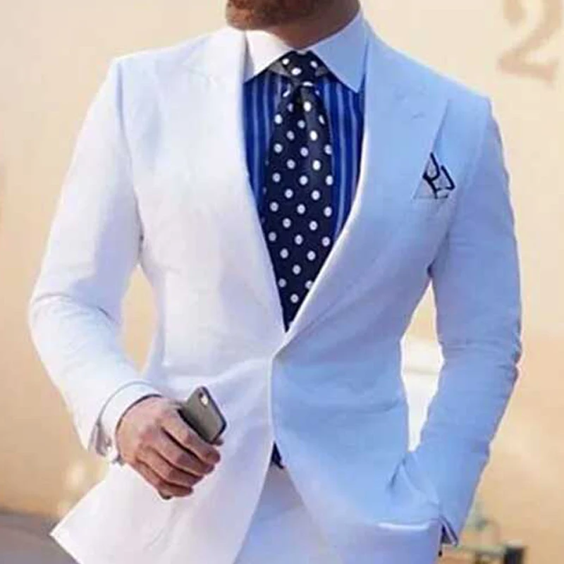 White Men Suits Slim Fit With Wide Peaked Lapel For Wedding Dinner Party Groom Tuxedos 2 Pieces Male Fashion Jacket Pants