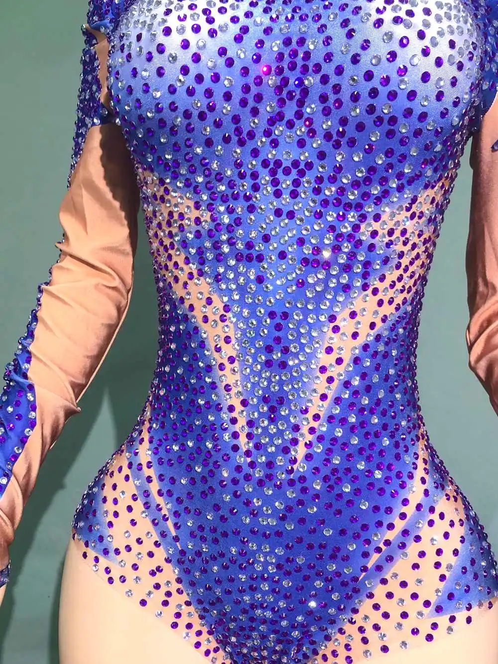 반짝 이는 라인 석 여성용 긴 소매 바디 수트 섹시한 공연 댄스 의상 댄서 쇼 무대 착용 나이트 클럽 복장