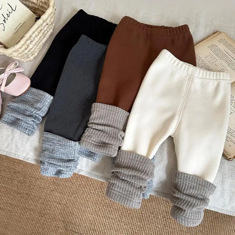 

2025 Winter New Baby Girl Fleece Patchwork Leggings Toddler Warm Pants Kids Girls Plus Velvet Thick Leggings Infant Clothes