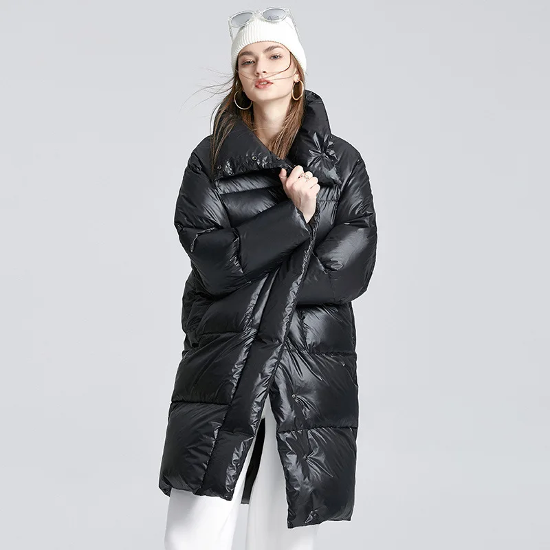 

Women's Long Down Jacket Loose Fashion Black Glossy Button 90% White Duck Down Europe Style Warmed Female Outware Coat