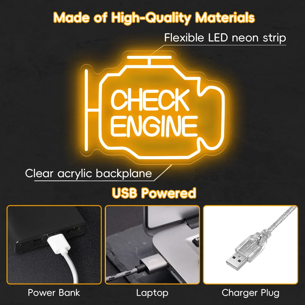 Check Engine Neon Sign Garage Repair Shop Automotive Workshop Lights Wall Decor Bar Party Club Luminous Business Lamp USB Power