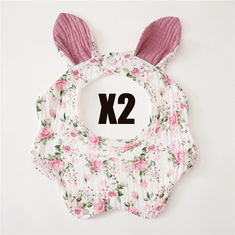 Muslin Bibs 2 Pack Organic Cotton Baby Bib For Drooling and Teething Cute Rabbit Ears Absorbent Saliva Towel With Snap Button