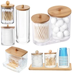 Bathroom Acrylic Storage Box Jar Makeup Organizer Cotton Round Pad Holder Cotton Swab Box Qtip Holder Dispenser with Bamboo Lid