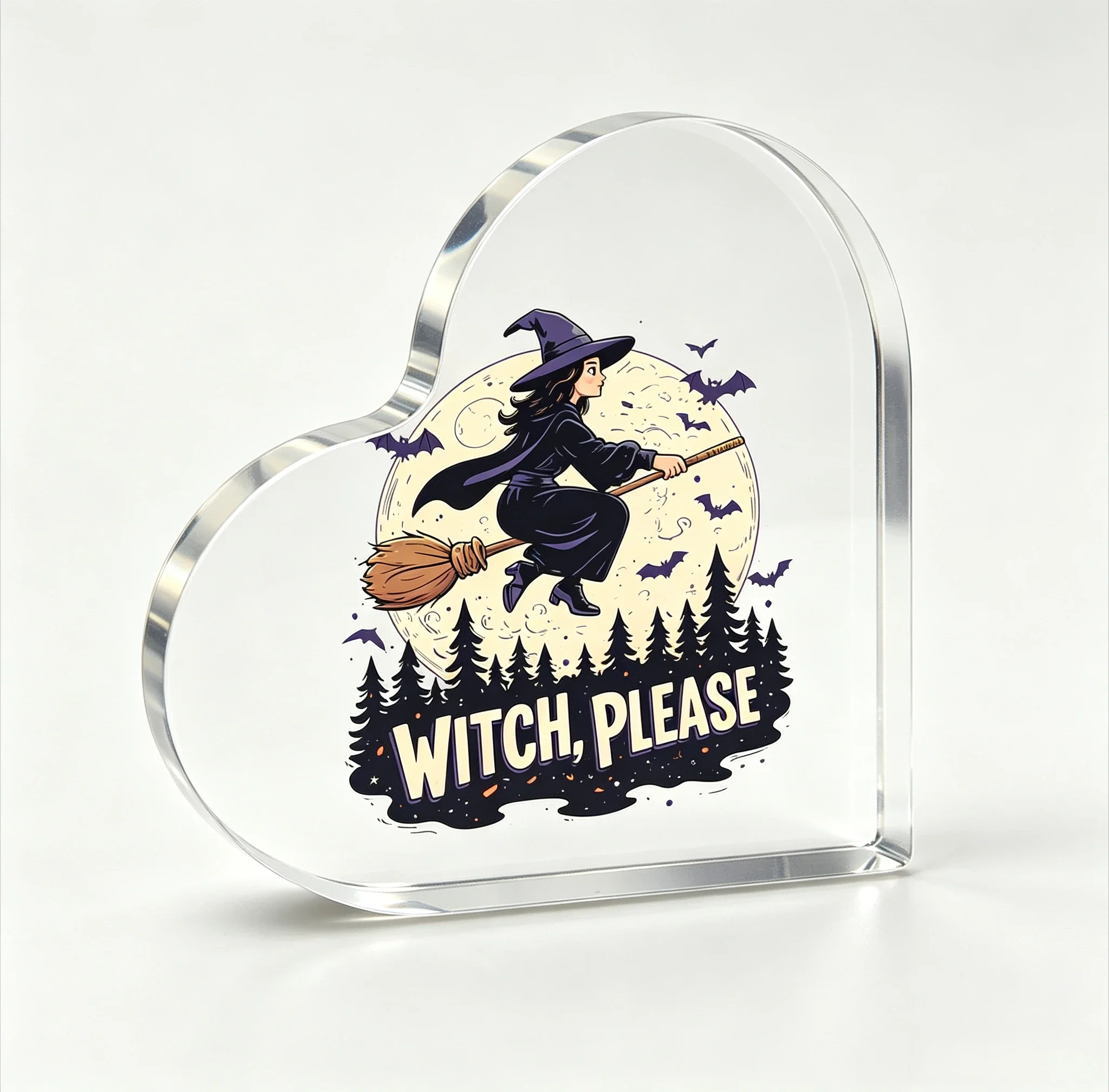 Moon Bat Forest Witch On Broomstick Heart Acrylic Tabletop Sign, Spooky Season Halloween Shelf Ornament