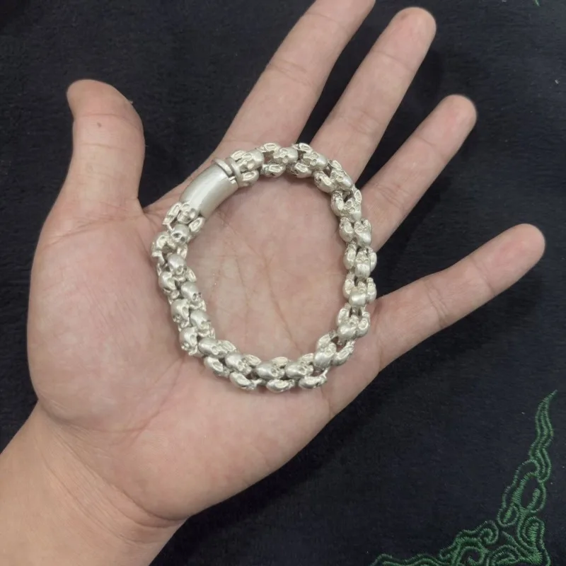 Vintage Carved Silver Plated Full Chain Skull Bracelet, Antique Matte Finish, Street Hip Hop Punk Stylish Versatile Hand Jewelry