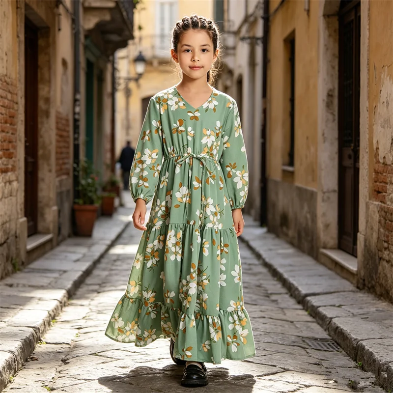 Abayas com Estampa Floral Étnica para Crianças, Vestido de Manga Longa para Meninas Muçulmanas, Hijab, Caftan Árabe, Islã, Marrocos, Dubai, Turquia