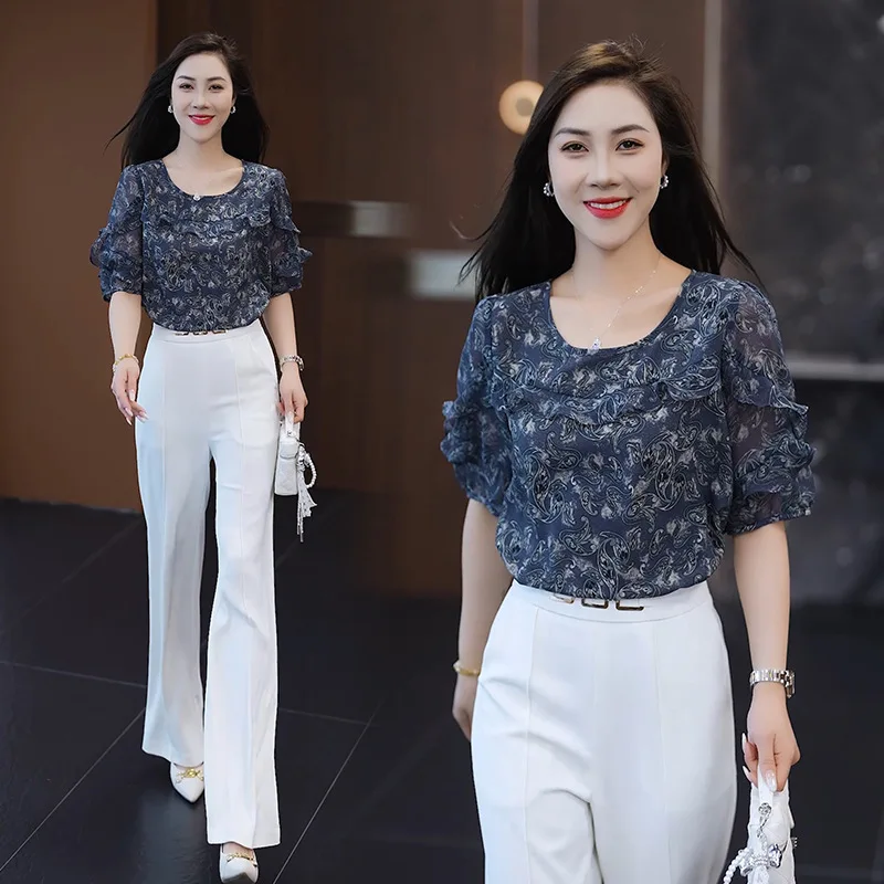 แฟชั่นผู้หญิงครึ่งแขนเสื้อชีฟอง,2025 ฤดูร้อนใหม่หลวมอเนกประสงค์บางรอบคอเสื้อ