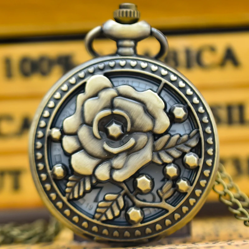 Винтажные бронзовые креативные Резные кварцевые карманные часы-Раскладушки с вырезами и цветами на ожерелье модный подарок для девушки студента
