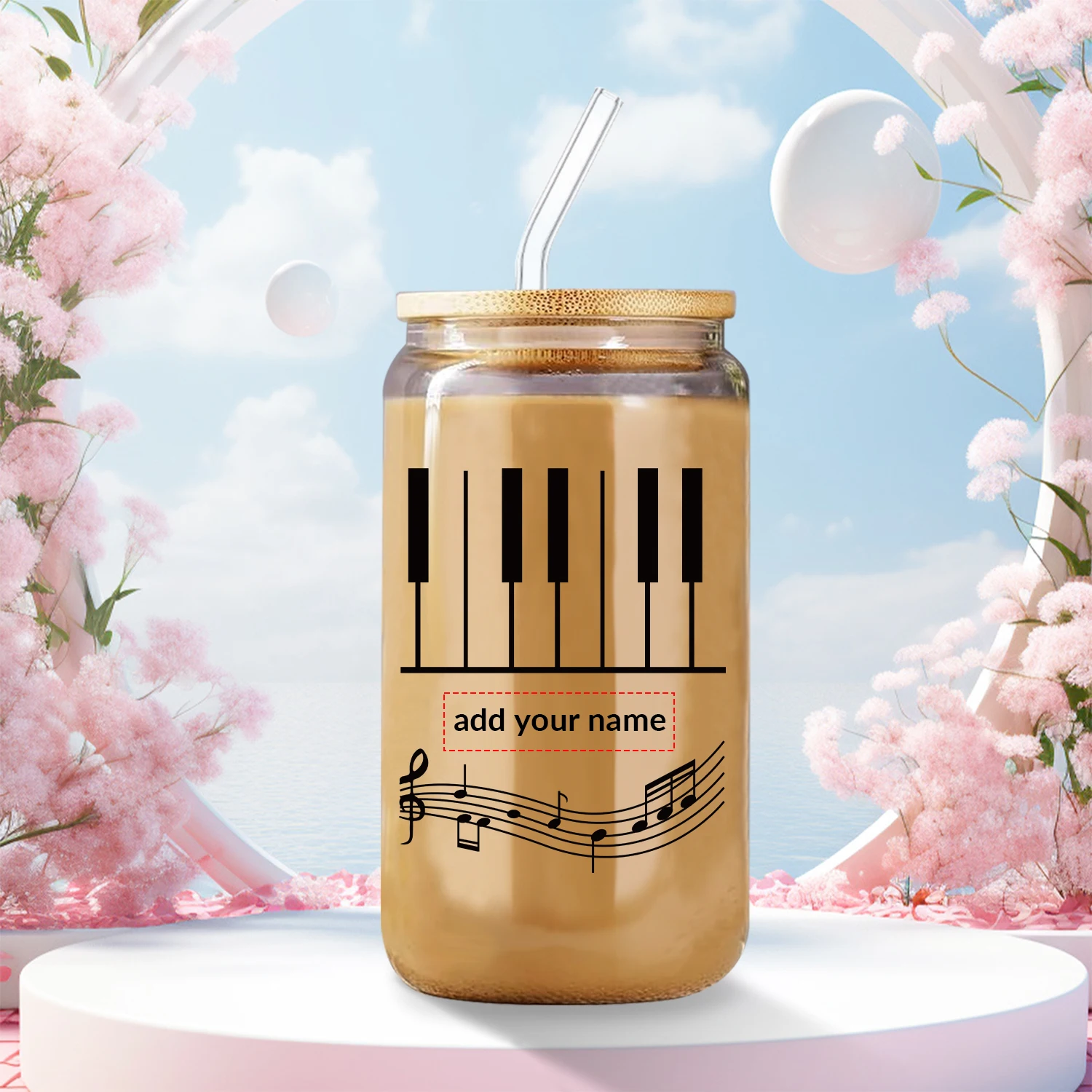 

16oz Customized Name Personalized Glass Mugs with Straw Lid 3D Print Piano Keys Skinny Straight Tumblers 1pc Mother's Day Gifts