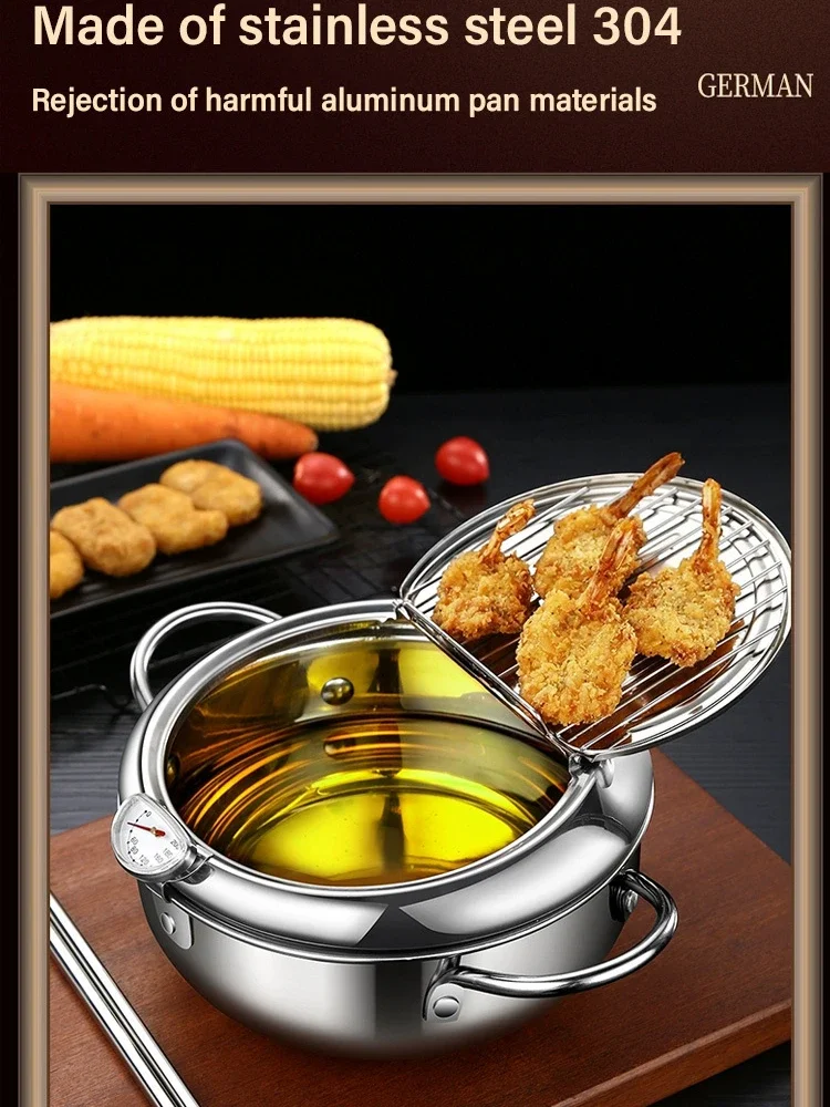 Japanese Deep Frying Pot with a Thermometer and a Lid 304 Stainless Steel Deep Fryer  Cooking Tools