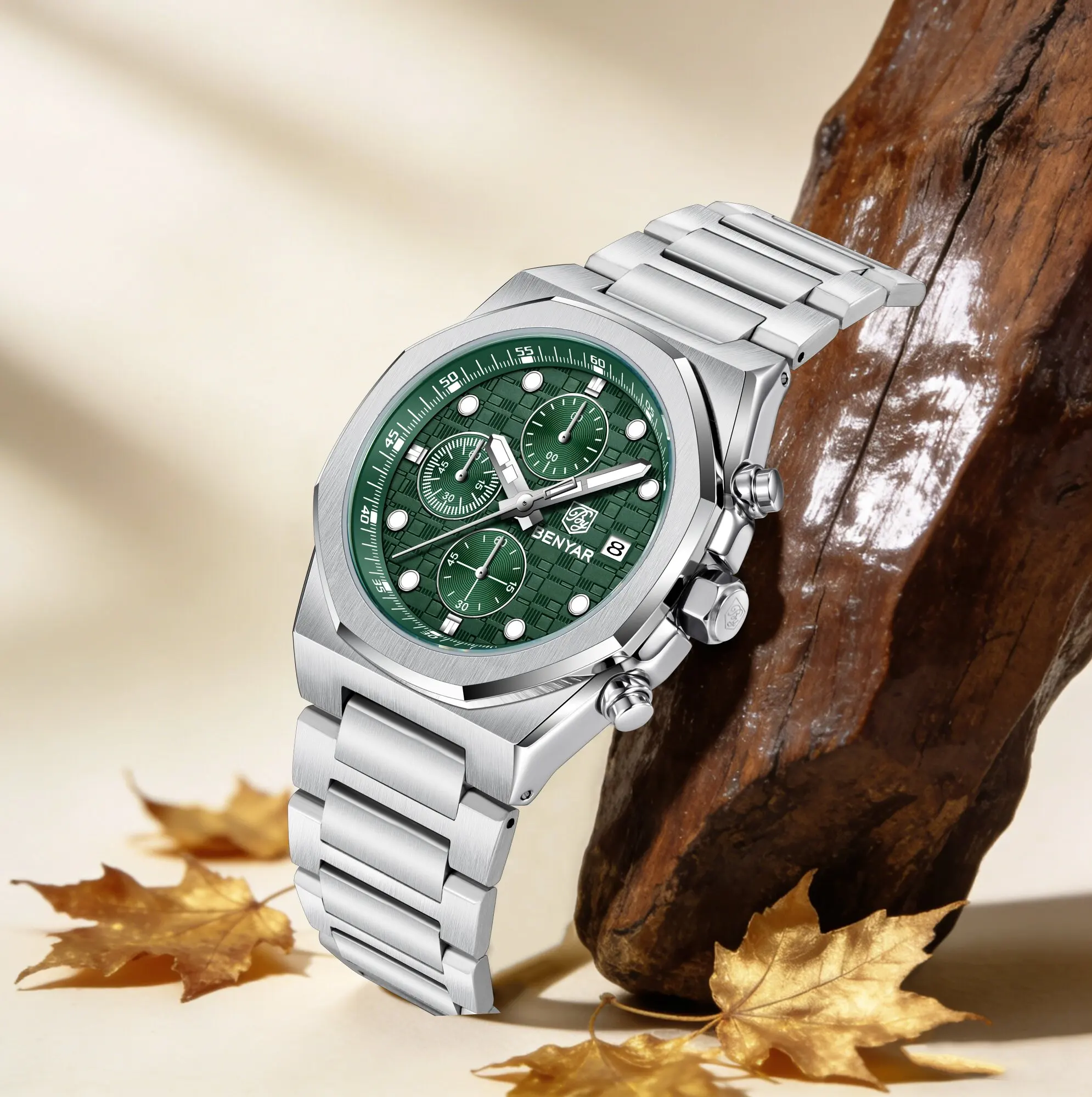 BENYAR All-Match Daily Men's Mechanical Watch Fashion Item Stainless Steel Hardlex 3Bar Waterproof Calendar Luminous Chronograph